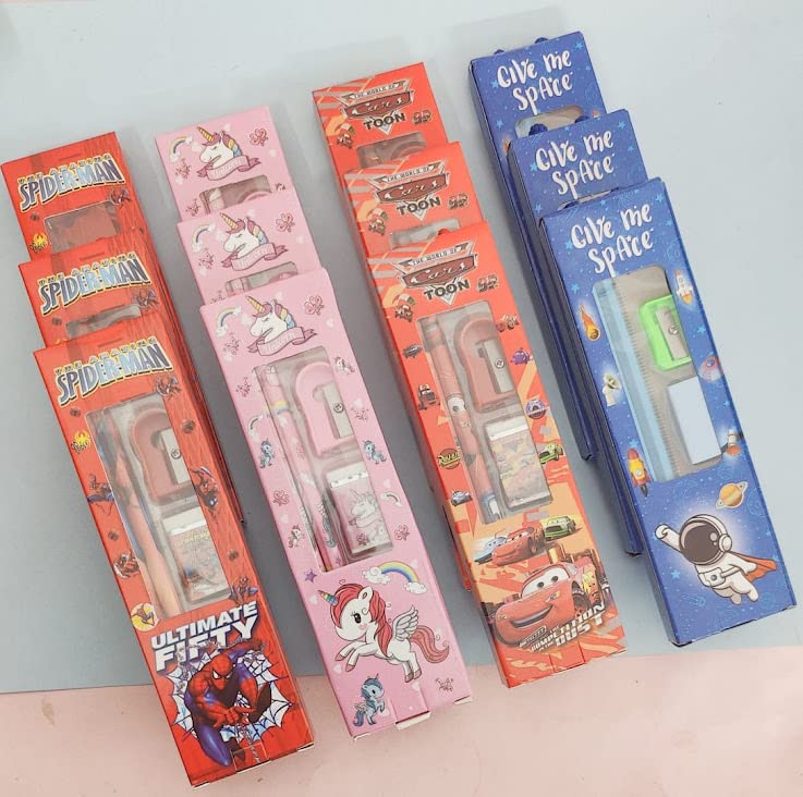 Tera13 Return Gifts For Kids Stationery Set (6 Pcs) Cartoon Theme Stationary Kit Set, School Stationary Items Black Pencil Eraser Sharpener For Kids Girls & Boys Kanjak Gifts - Image 3