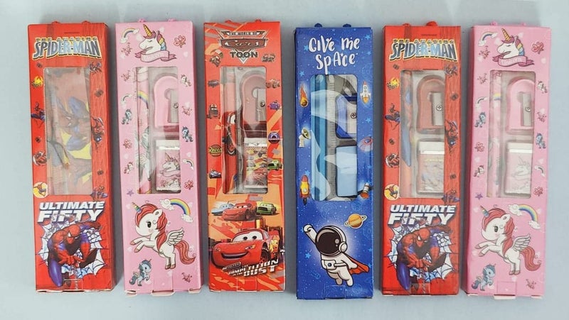 Tera13 Return Gifts For Kids Stationery Set (6 Pcs) Cartoon Theme Stationary Kit Set, School Stationary Items Black Pencil Eraser Sharpener For Kids Girls & Boys Kanjak Gifts - Image 1