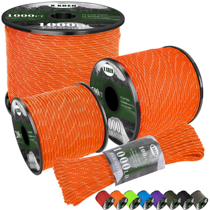 X XBEN Paracord Reflective 1000lb, 50/100/200/500/1000ft 4mm, 13 Strand Parachute Spool Cord, Heavy Duty Paracord Rope for Tent Camping, Fishing, Hiking, DIY Crafts & Survival Bracelet, Orange - Image 1
