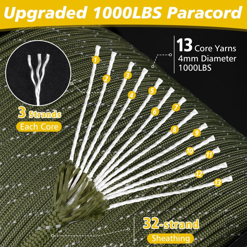 X XBEN Paracord Reflective 1000lb, 50/100/200/500/1000ft 4mm, 13 Strand Parachute Spool Cord, Heavy Duty Paracord Rope for Tent Camping, Fishing, Hiking, DIY Crafts & Survival Bracelet, Orange - Image 2
