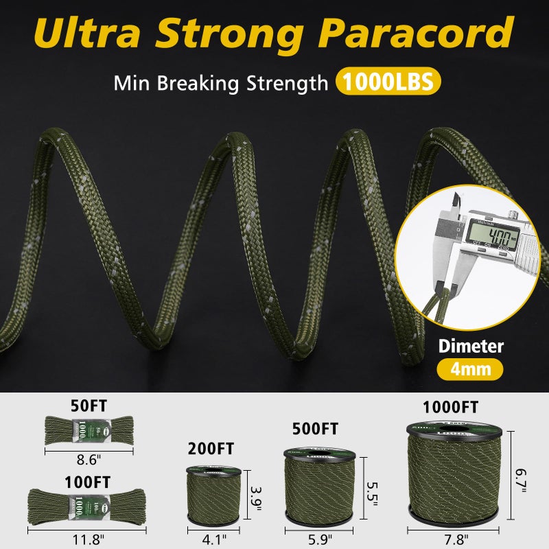 X XBEN Paracord Reflective 1000lb, 50/100/200/500/1000ft 4mm, 13 Strand Parachute Spool Cord, Heavy Duty Paracord Rope for Tent Camping, Fishing, Hiking, DIY Crafts & Survival Bracelet, Orange - Image 5