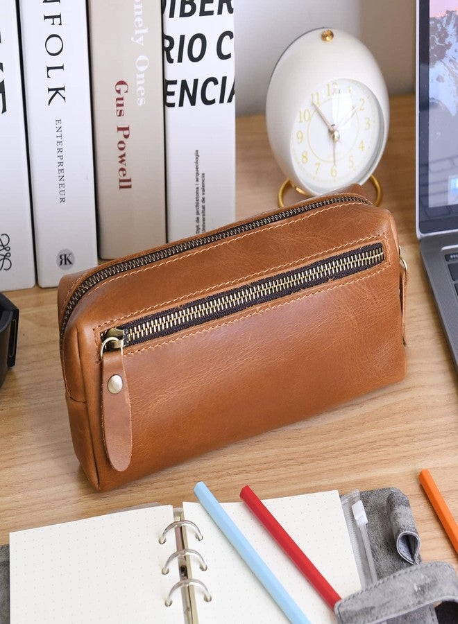 WONDERPOOL Pen Case Real Leather Pencil Pouch Markers Holder Big Capacity Bag with Side Zippered Pocket Sleeve for Stationery Makeup Utensils Organizer (Light brown) - Image 3