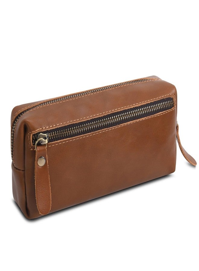 WONDERPOOL Pen Case Real Leather Pencil Pouch Markers Holder Big Capacity Bag with Side Zippered Pocket Sleeve for Stationery Makeup Utensils Organizer (Light brown) - Image 1