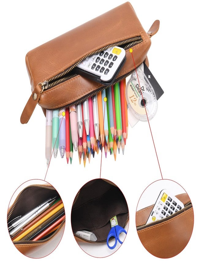 WONDERPOOL Pen Case Real Leather Pencil Pouch Markers Holder Big Capacity Bag with Side Zippered Pocket Sleeve for Stationery Makeup Utensils Organizer (Light brown) - Image 2