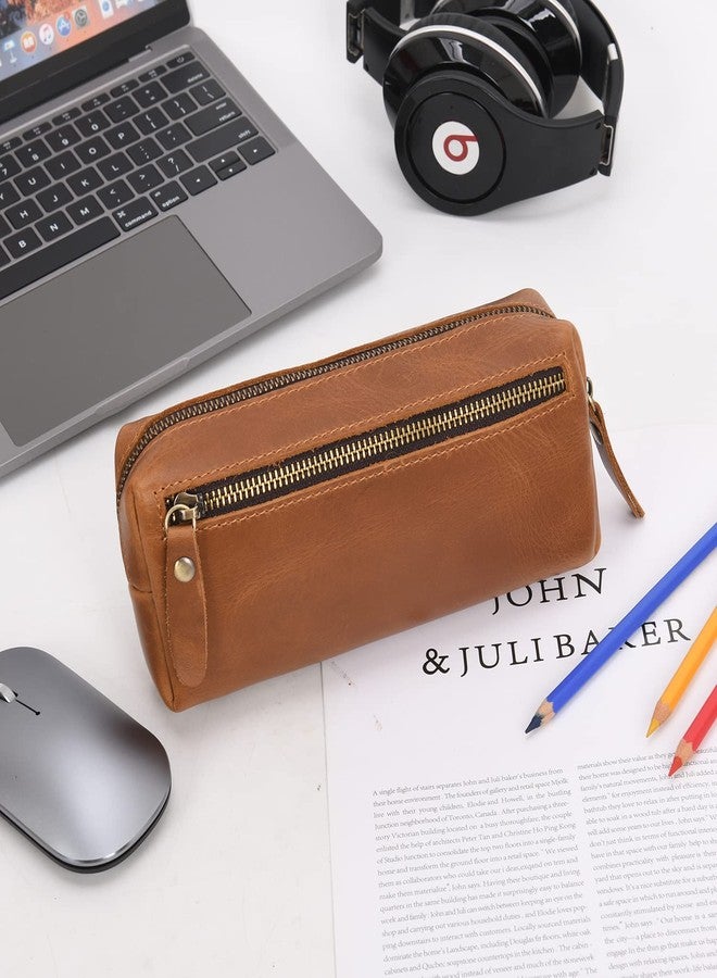 WONDERPOOL Pen Case Real Leather Pencil Pouch Markers Holder Big Capacity Bag with Side Zippered Pocket Sleeve for Stationery Makeup Utensils Organizer (Light brown) - Image 5