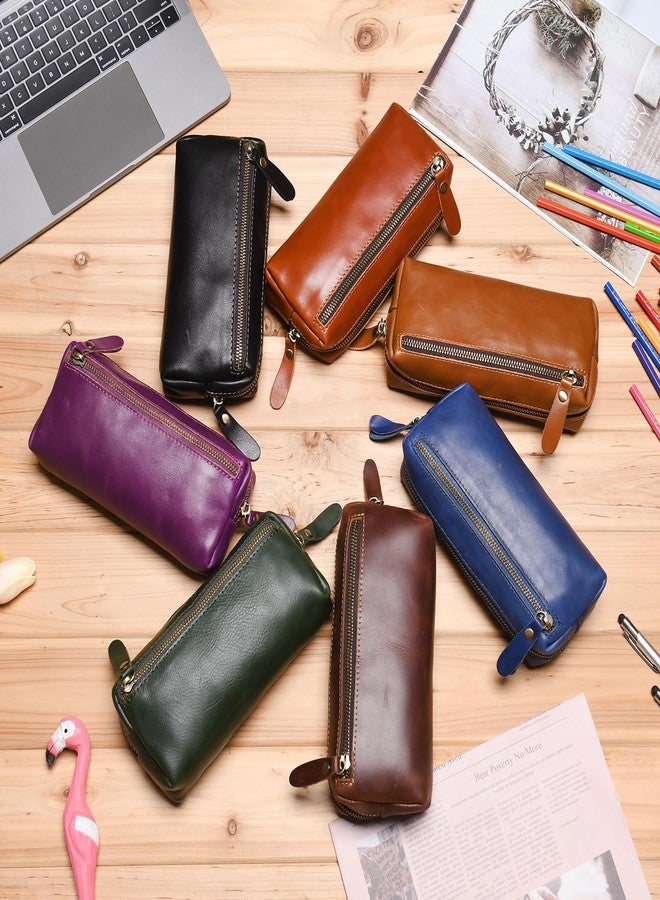 WONDERPOOL Pen Case Real Leather Pencil Pouch Markers Holder Big Capacity Bag with Side Zippered Pocket Sleeve for Stationery Makeup Utensils Organizer (Light brown) - Image 4