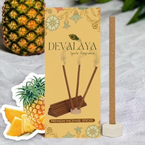 Devalaya Queen Pineapple Dhoop Sticks (20 Sticks, Pack of 1), Bambooless Incense Sticks, Agarbatti for Pooja, 100% Charcoal-Free,4-inch Length, 25-Minute Burn Time with Ceramic Strand - Image 1