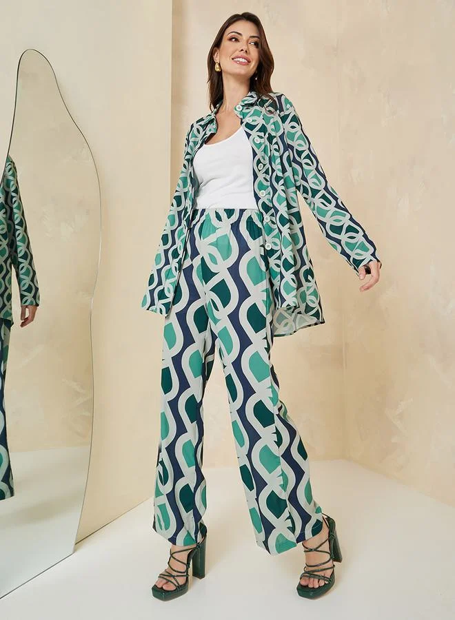 Styli All Over Print Straight Leg Pants With Elasticated Waistband