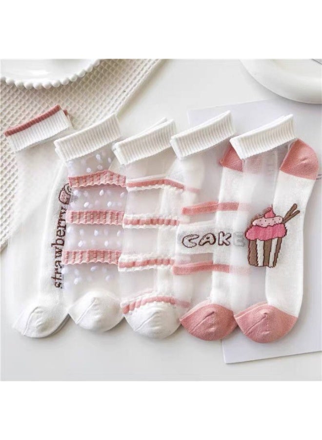 مجموعة شرابات نسائية شيفون شفافة كاجوال بطول الكاحل – جوارب حريمي خفيفة بتصاميم عصرية (5 أزواج + 1 هدية) – ألوان متعددة - Image 1