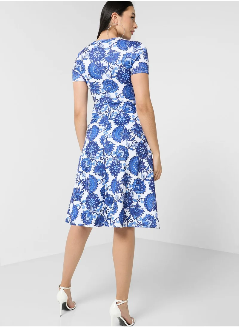 boohoo Printed Pleat Detail Skater Dress