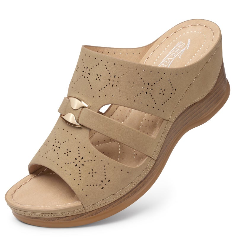 SHIBEVER Wedge Sandals for Women Slip On Wedge Sandals Summer Casual Walking Shoes Apricot Size 8