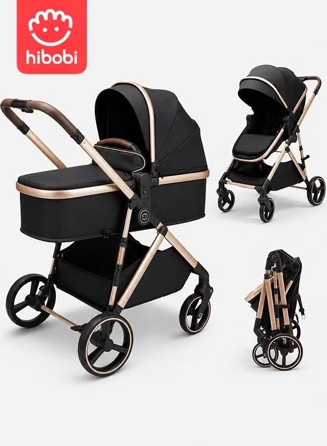 hibobi 2-in-1 Baby Stroller Pram, Bassinet & Toddler Seat, Foldable Baby Pushchair with Aluminum Alloy Frame, Smooth Suspension, 5-Point Safety Harness, Adjustable Canopy, Breathable Mesh Window, Black Gold - Image 1