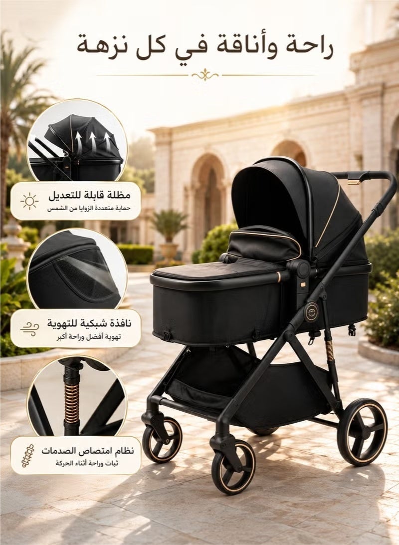 hibobi 2-in-1 Baby Stroller Pram, Bassinet & Toddler Seat, Foldable Baby Pushchair with Aluminum Alloy Frame, Smooth Suspension, 5-Point Safety Harness, Adjustable Canopy, Breathable Mesh Window, Black Gold - Image 2