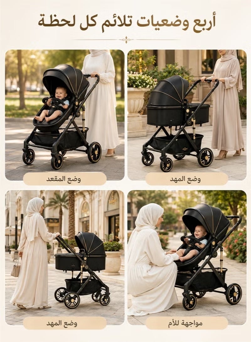 hibobi 2-in-1 Baby Stroller Pram, Bassinet & Toddler Seat, Foldable Baby Pushchair with Aluminum Alloy Frame, Smooth Suspension, 5-Point Safety Harness, Adjustable Canopy, Breathable Mesh Window, Black Gold - Image 5