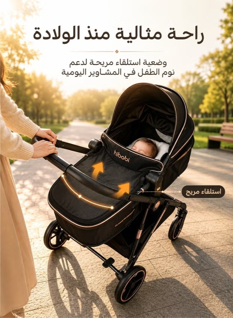 hibobi 2-in-1 Baby Stroller Pram, Bassinet & Toddler Seat, Foldable Baby Pushchair with Aluminum Alloy Frame, Smooth Suspension, 5-Point Safety Harness, Adjustable Canopy, Breathable Mesh Window, Black Gold - Image 4