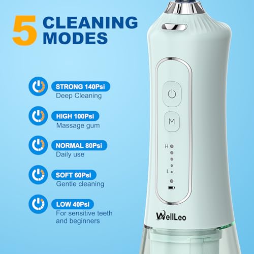 WellLeo Water Flosser for Teeth, 300ML Cordless Oral Irrigator Rechargeable Dental Flosser Picks with 5 Modes 5 Jet Tips,IPX7 Waterproof Teeth Cleaner for Braces Gum Care, Home Travel Use - Image 2