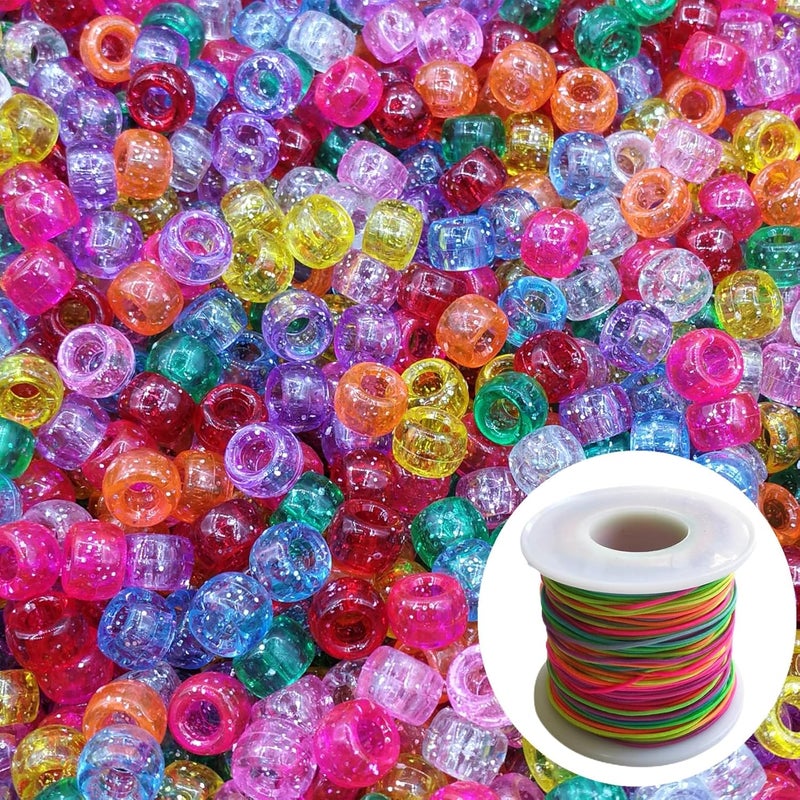 Looconi 1000pcs Glitter Pony Beads and Rainbow Elastic String Mixed Colors 6x9mm Acrylic Beads for Jewelry Making Bracelet Hair Braids Crafts - Image 1