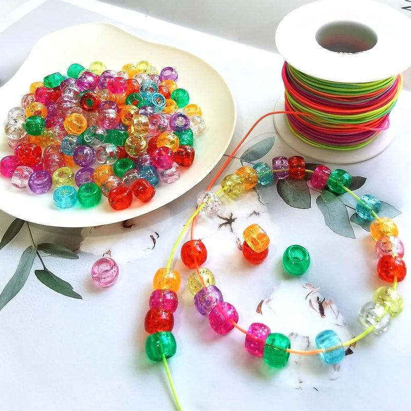 Looconi 1000pcs Glitter Pony Beads and Rainbow Elastic String Mixed Colors 6x9mm Acrylic Beads for Jewelry Making Bracelet Hair Braids Crafts - Image 5