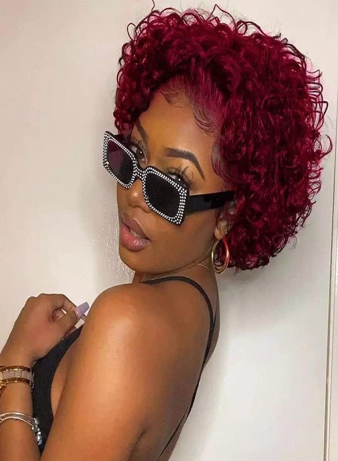 Profairsor 99J# Short Curly Lace Wigs Human Hair Pixie Cut Wig for Black Women 13x1 HD Transparent Pixie Cut Curly Lace Front Wigs Human Hair 150% Density Pre Plucked Glueless Wigs Burgundy - Image 1