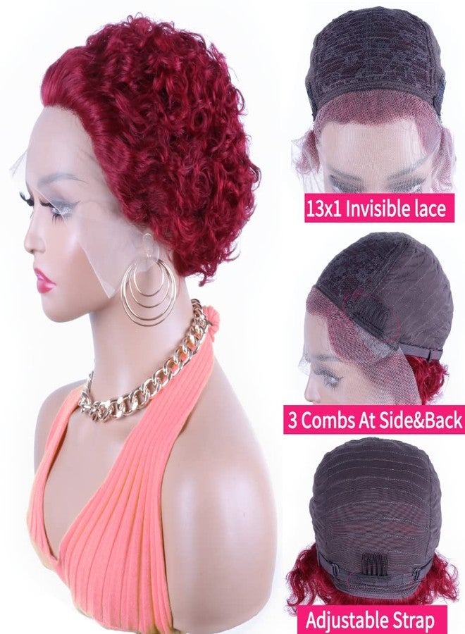Profairsor 99J# Short Curly Lace Wigs Human Hair Pixie Cut Wig for Black Women 13x1 HD Transparent Pixie Cut Curly Lace Front Wigs Human Hair 150% Density Pre Plucked Glueless Wigs Burgundy - Image 2