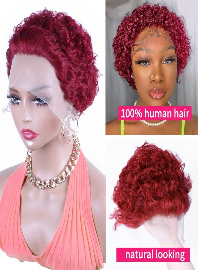 Profairsor 99J# Short Curly Lace Wigs Human Hair Pixie Cut Wig for Black Women 13x1 HD Transparent Pixie Cut Curly Lace Front Wigs Human Hair 150% Density Pre Plucked Glueless Wigs Burgundy - Image 3