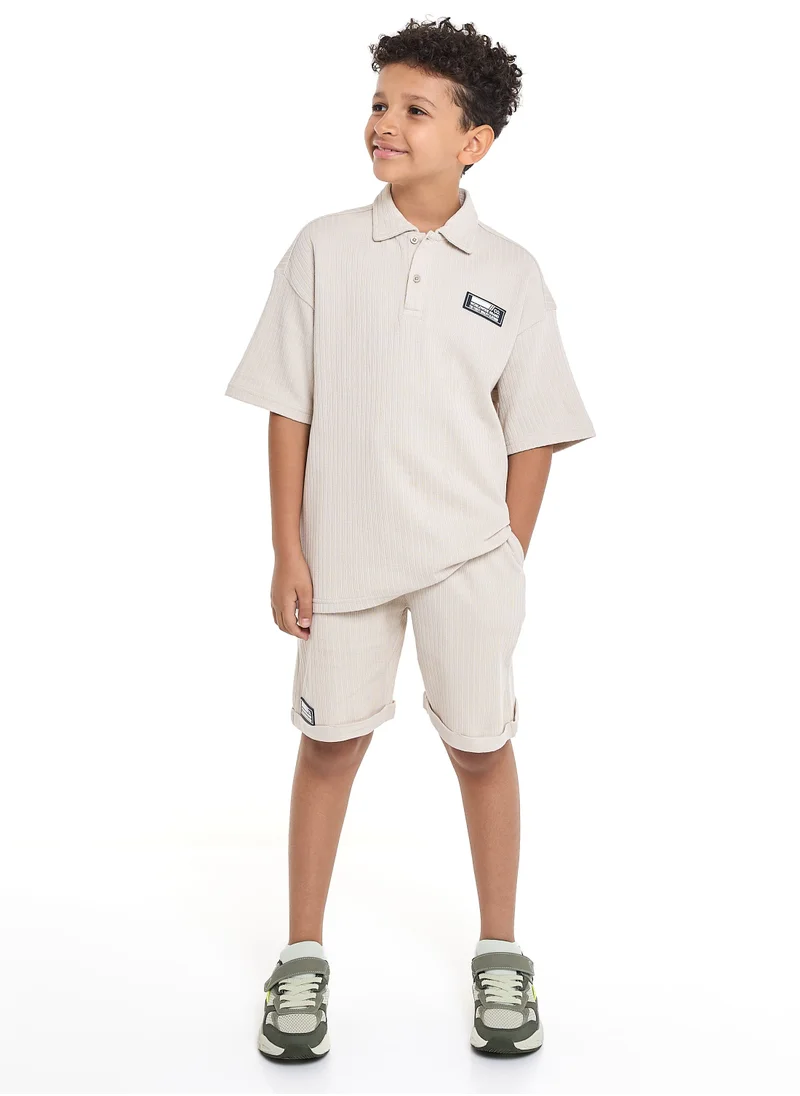 victor and jane Victor and Jane Boys' Jacquard Set – Beige 2-Piece Outfit with Patch Polo T-shirt and Shorts