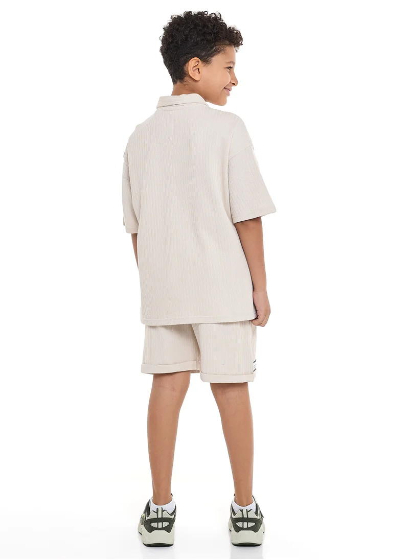 victor and jane Victor and Jane Boys' Jacquard Set – Beige 2-Piece Outfit with Patch Polo T-shirt and Shorts