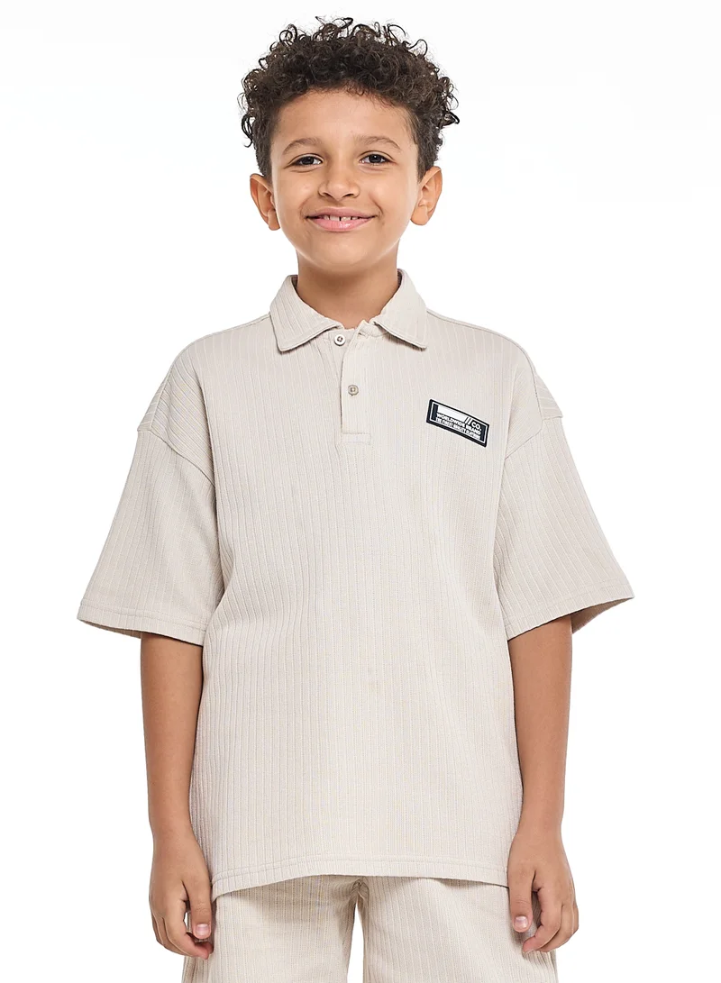 victor and jane Victor and Jane Boys' Jacquard Set – Beige 2-Piece Outfit with Patch Polo T-shirt and Shorts