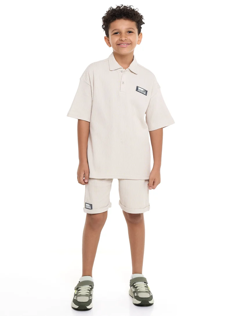victor and jane Victor and Jane Boys' Jacquard Set – Beige 2-Piece Outfit with Patch Polo T-shirt and Shorts