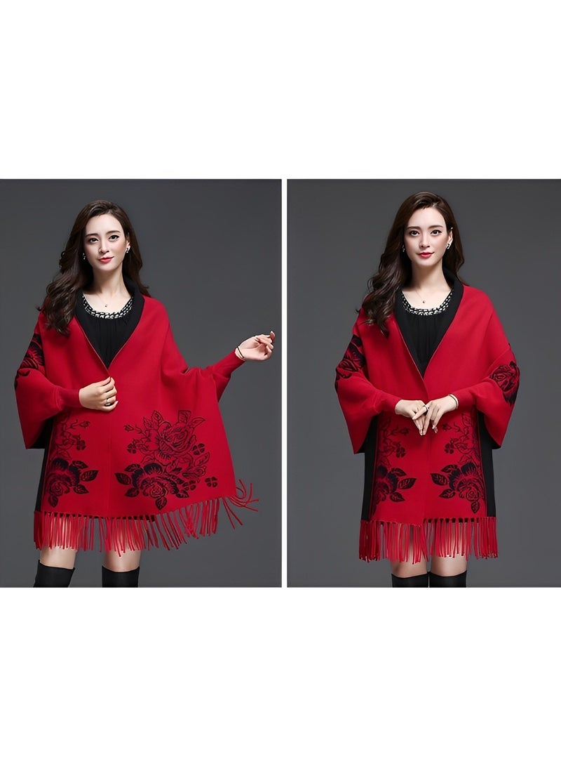 Women's Shawl Warm Double Sided Scarf Shawl Wrap Cape Sweater Knitting Cardigan Winter Soft Shawl Wrap with Tassel