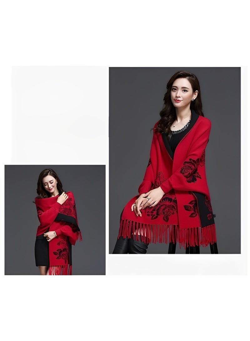 Women's Shawl Warm Double Sided Scarf Shawl Wrap Cape Sweater Knitting Cardigan Winter Soft Shawl Wrap with Tassel