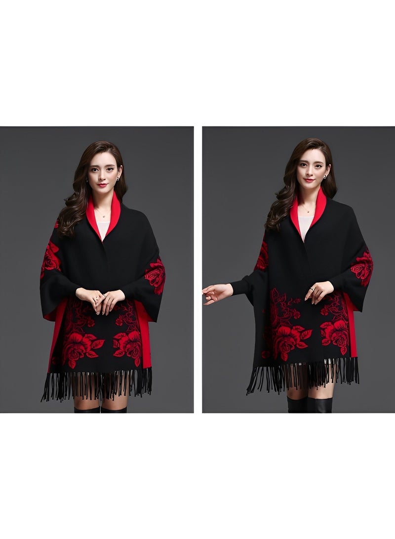 Women's Shawl Warm Double Sided Scarf Shawl Wrap Cape Sweater Knitting Cardigan Winter Soft Shawl Wrap with Tassel