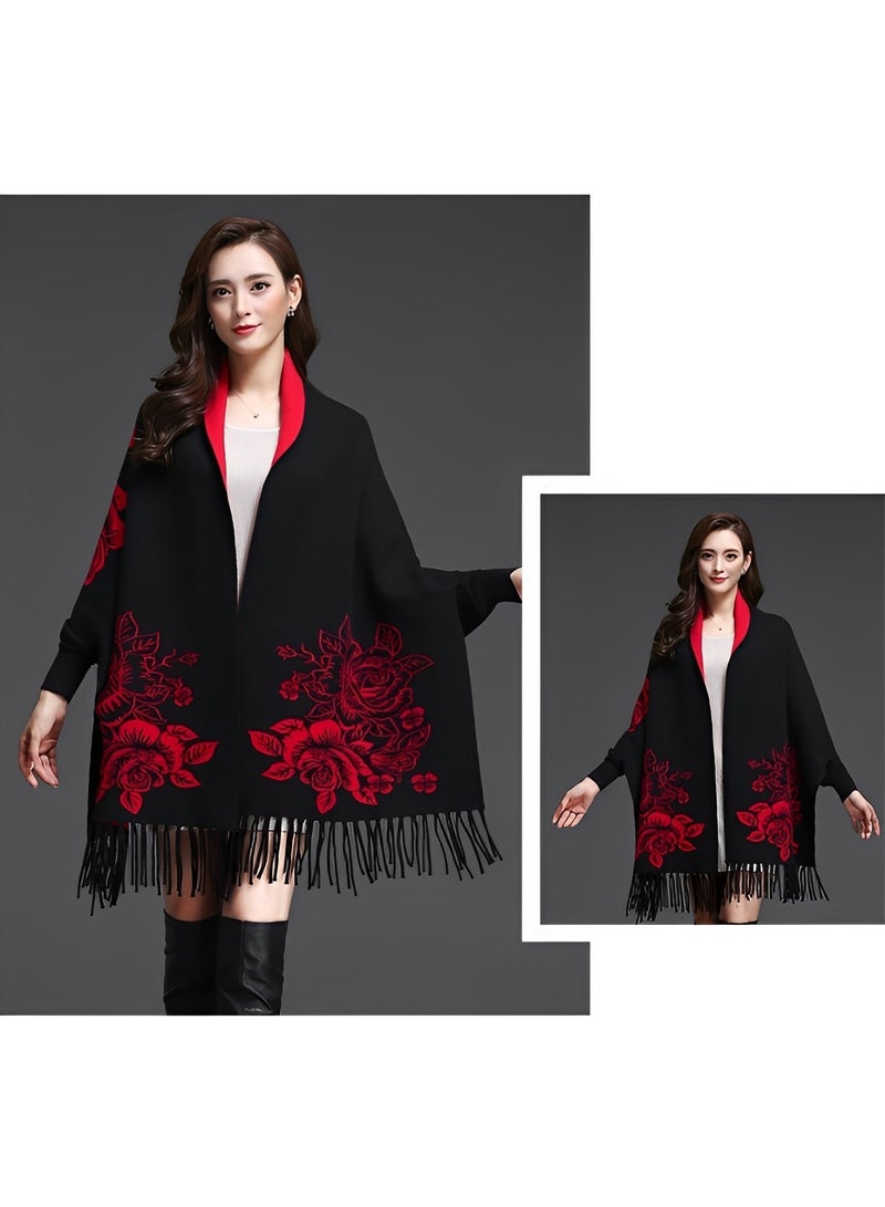 Women's Shawl Warm Double Sided Scarf Shawl Wrap Cape Sweater Knitting Cardigan Winter Soft Shawl Wrap with Tassel