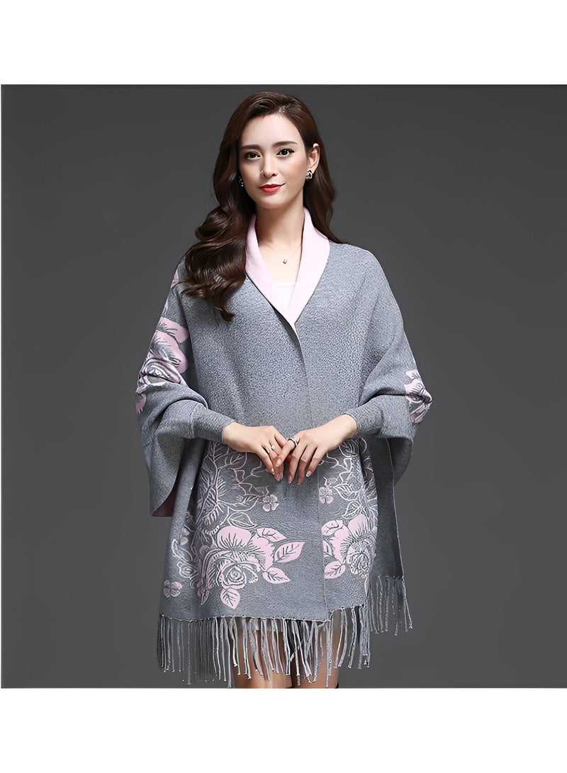 Women's Shawl Warm Double Sided Scarf Shawl Wrap Cape Sweater Knitting Cardigan Winter Soft Shawl Wrap with Tassel