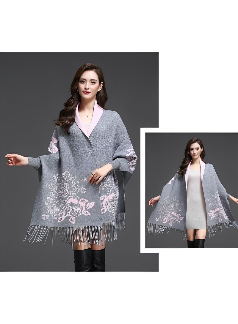 Women's Shawl Warm Double Sided Scarf Shawl Wrap Cape Sweater Knitting Cardigan Winter Soft Shawl Wrap with Tassel