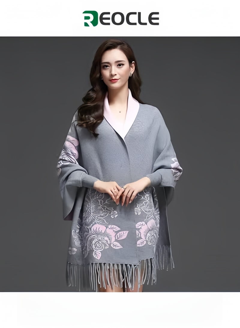 Women's Shawl Warm Double Sided Scarf Shawl Wrap Cape Sweater Knitting Cardigan Winter Soft Shawl Wrap with Tassel