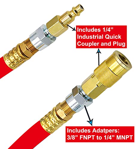 YOTOO Air Hose 1/2 in. x 50 ft, 300 PSI Hybrid Air Compressor Hose, Heavy Duty, Lightweight, Kink Resistant, All-Weather Flexibility with Bend Restrictors, 3/8" and 1/4" Air Fittings Kit, Red - Image 4