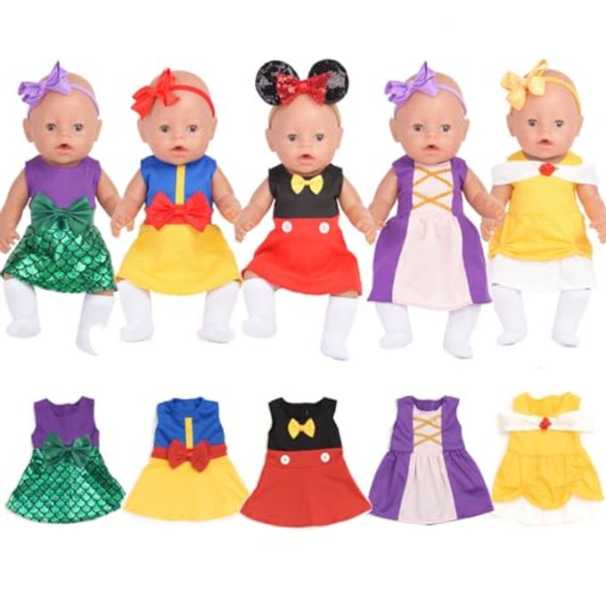 sweet dolly Baby Doll Accessories, 5 Doll Clothes, Mermaid Princess Dresses Outfits for 15 Inch to 18 Inch Dolls, 15 Inch Baby Dolls, 9PCs in Total Doll Clothes and Accessories - Image 1