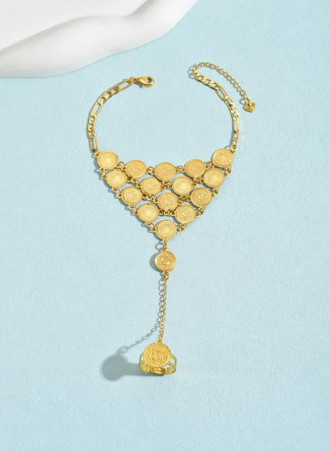 Take Two Take Two Golden Coin Hand Chain Ring Bracelet