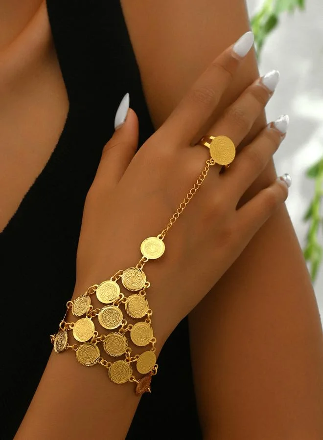 Take Two Take Two Golden Coin Hand Chain Ring Bracelet