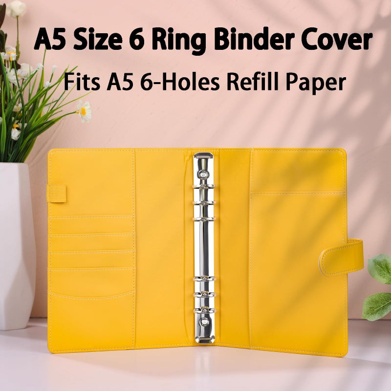 Antner A5 Binder 6 Ring Refillable Notebook Planner Cover, PU Leather Aesthetic Small Binder Loose Leaf Photocard Holder Budget Planner for Cash Organizer with Magnetic Buckle, Lemon Yellow - Image 2