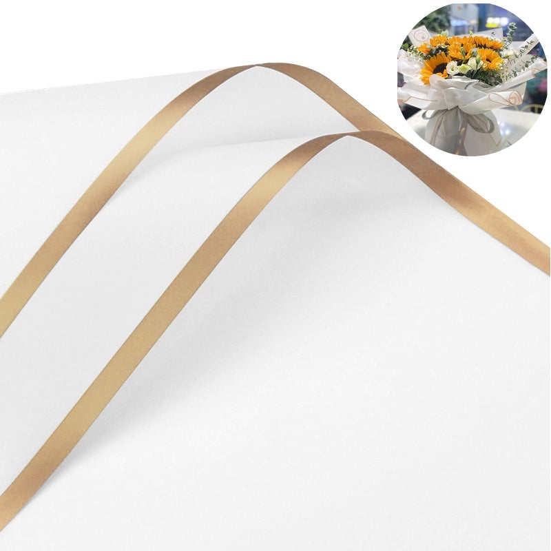 Gloreyan 20 Sheet Gold Edge Flower Wrapping Paper, White Florist Bouquet DIY Craft Fresh Flower Bouquet Wrap Waterproof Floral Wrapping Gift Box Packaging Material Florist Supplies, 22.8*22.8 Inches - Image 1