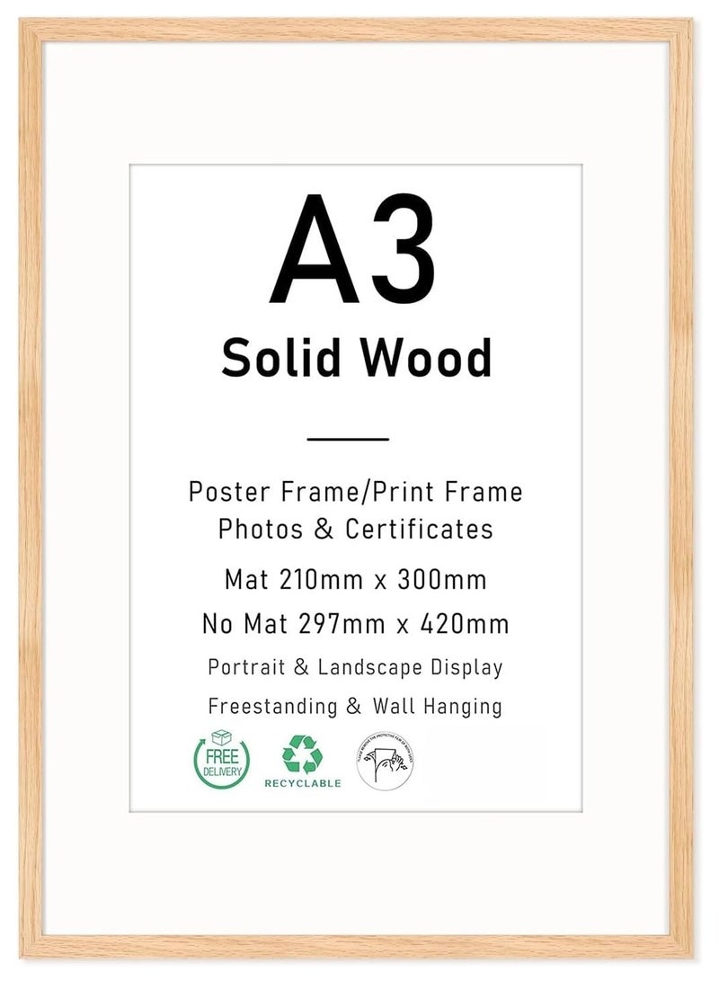 Soofam A3 Picture Frame, OAK Wood Photo Frame, Poster Frame with plexiglass for Wall Mount Display, 29.7 x 42 cm, Set of 1 - Image 1