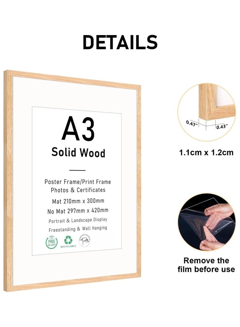 Soofam A3 Picture Frame, OAK Wood Photo Frame, Poster Frame with plexiglass for Wall Mount Display, 29.7 x 42 cm, Set of 1 - Image 5