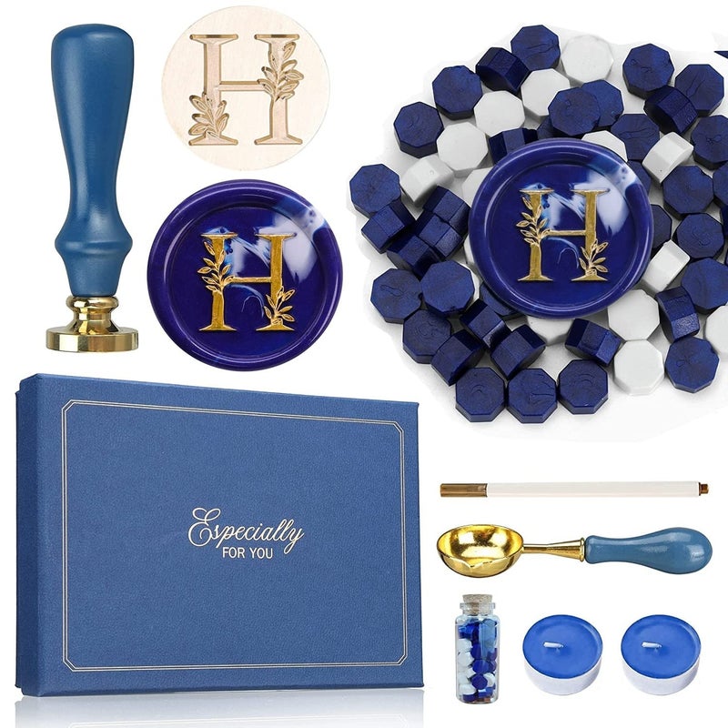 SWANGSA Initial Alphabet H Wax Seal Stamp Kit Vintage Elegant Botanical Leaves Letter Sealing Stamp with Sealing Wax Beads Gift Box Kit