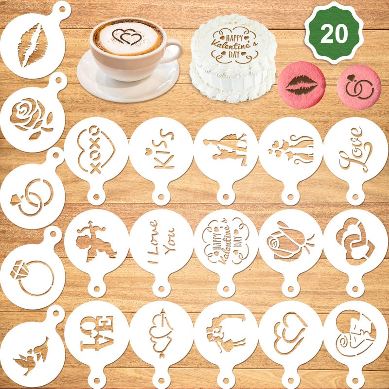 Konsait 20Pack Valentine's Day Cake Stencil Templates Decoration, Reusable Valentine's Day Cake Cookies Baking Painting Mold Tools, Dessert, Coffee Decorating Molds Cappuccino Mousse Hot Chocolate - Image 1