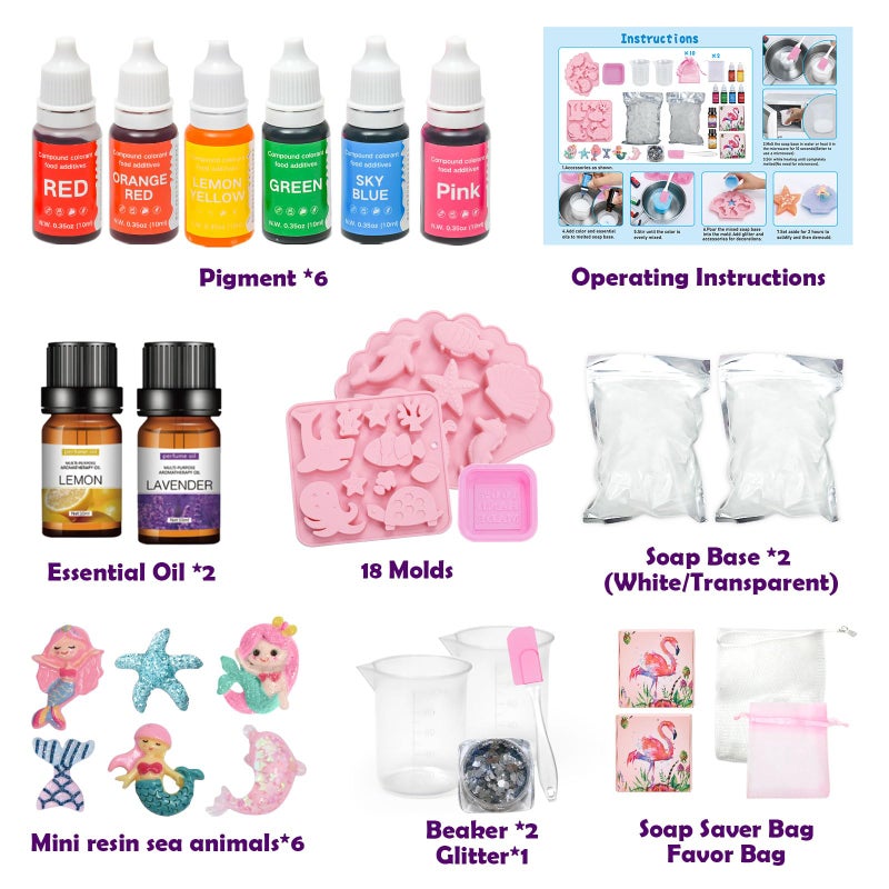 Golray Mermaid Soap Making Craft Kit Kids Toy, 18 Model, 6 Ink, 2 Essential Oil Supply, Art and Craft for Kid Girl Age 8-12 Year Old Ocean Animal Toy Birthday Gift, DIY Science Kits (Create 16+pcs) - Image 2