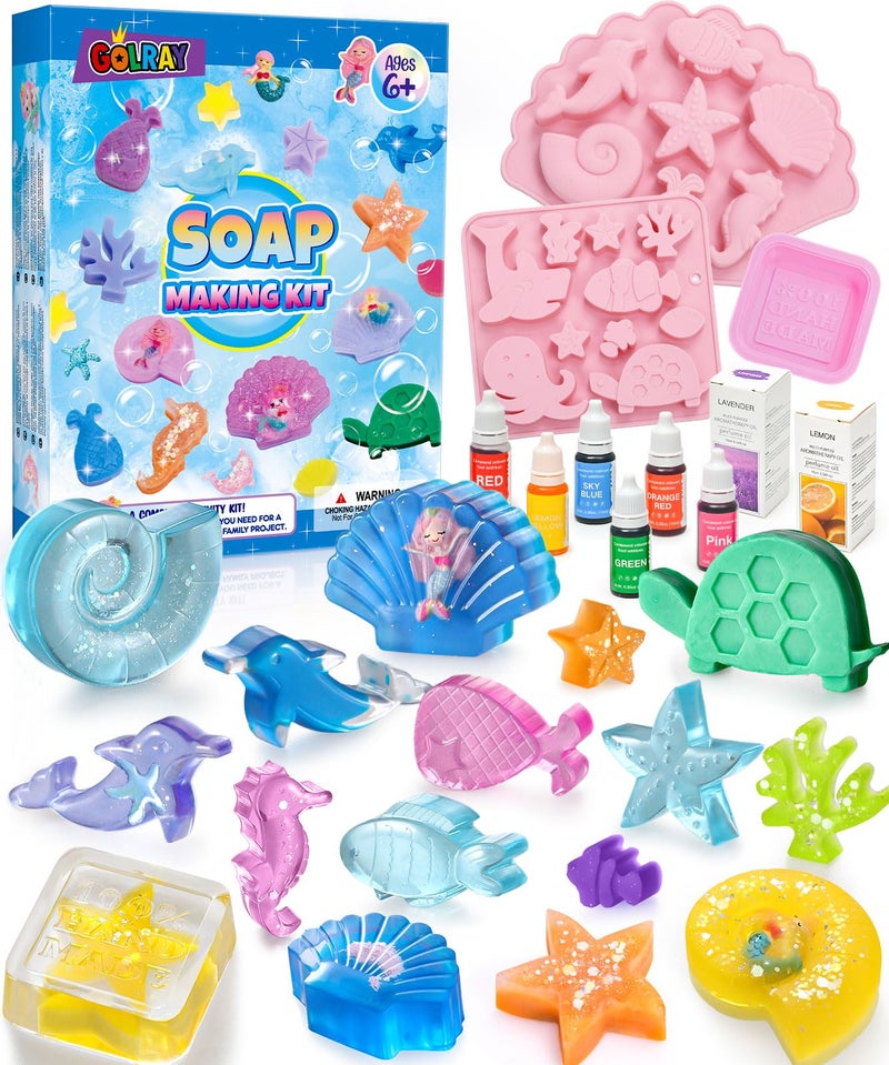Golray Mermaid Soap Making Craft Kit Kids Toy, 18 Model, 6 Ink, 2 Essential Oil Supply, Art and Craft for Kid Girl Age 8-12 Year Old Ocean Animal Toy Birthday Gift, DIY Science Kits (Create 16+pcs) - Image 1