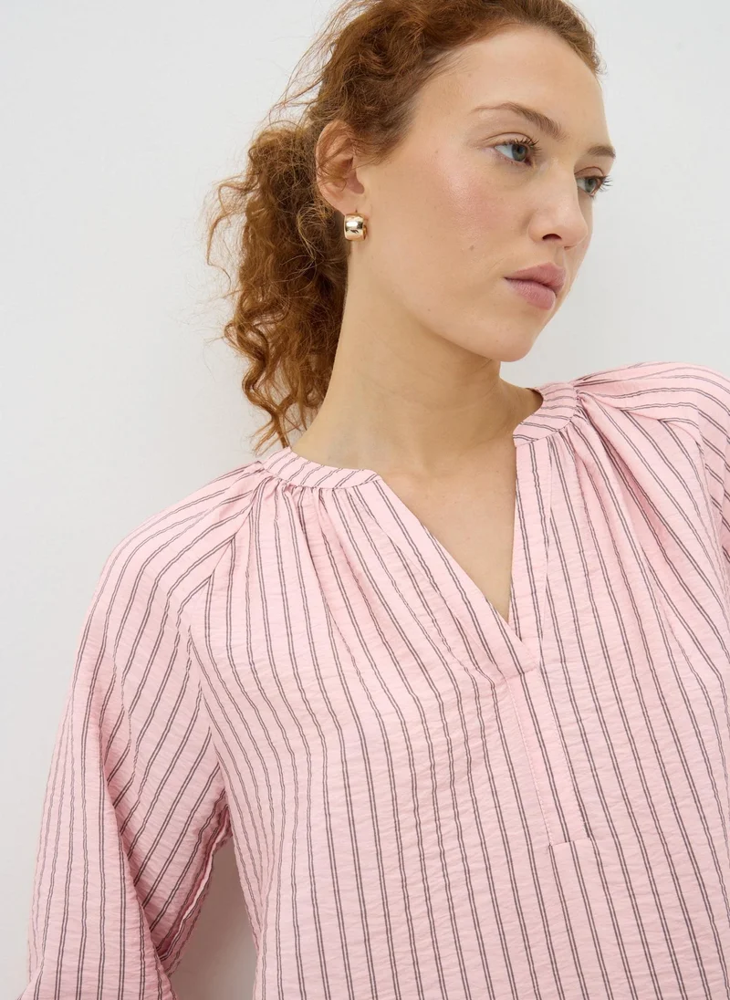 ماتلان Pink Stripe 3/4 Sleeve Popover Blouse
