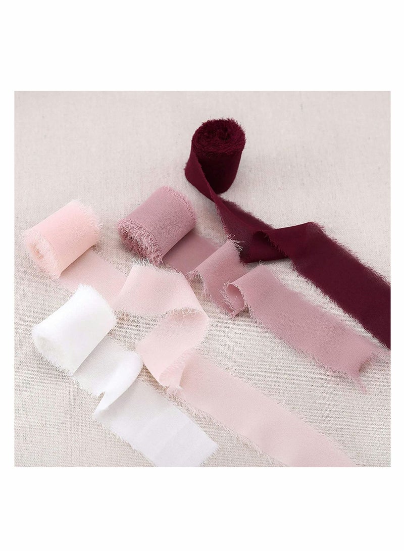 KASTWAVE Handmade Fringe Chiffon Silk Ribbon Ribbons Set for Wedding Invitations, Bridal Bouquets, Gifts Wrapping, DIY Crafts 4 Rolls (Burgundy/Dusty Rose/Mauve/Pink) - Image 3